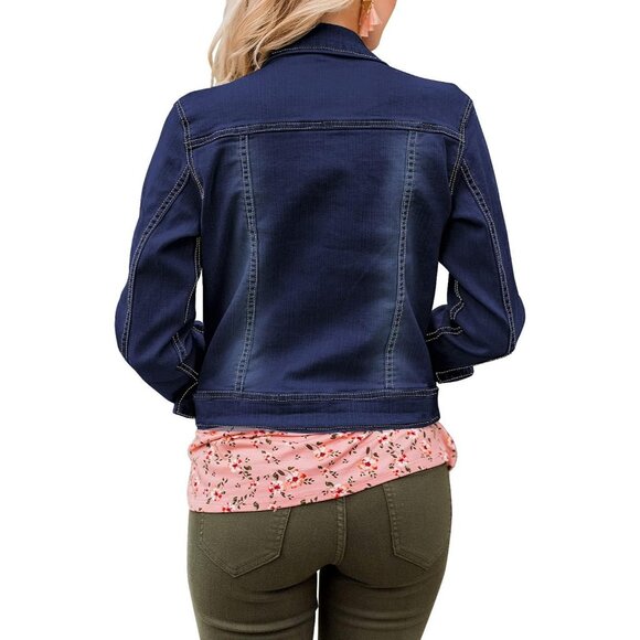 Women's Basic Long Sleeves Button Down Fitted Denim Jean Jacket Insignia Blue - Picture 2 of 7